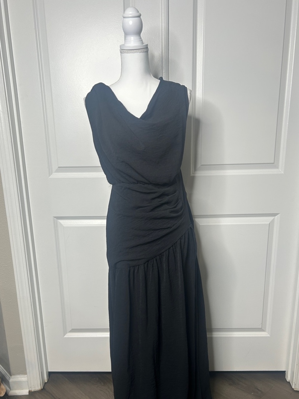 Black Draped Cowl Neck Maxi Dress